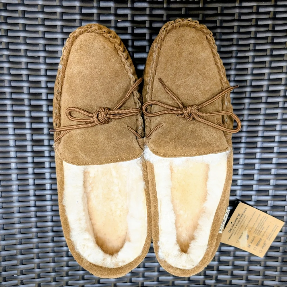 BEAR PAW 14 NWT Men's Hickory Brown Suede & Genuine Warm Wool Shearling Slippers - Picture 2 of 11